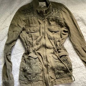 Army green light pea coat type, cute floral print,